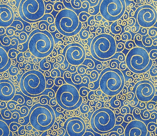 PATT #BTR-M4028 Blank Textiles, Inc. - Bright Blue Tonal Fabric / Gold Metallic Scroll Pattern