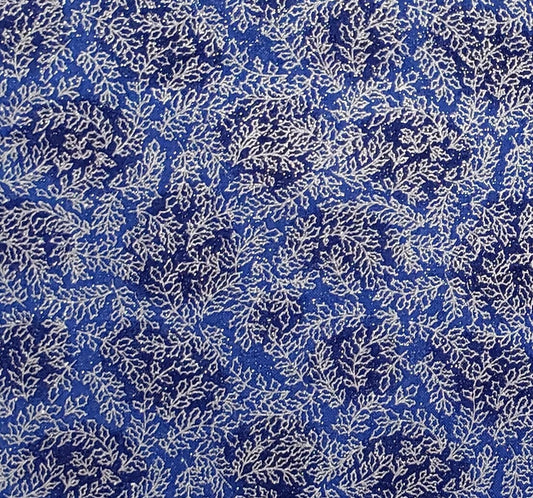 EOB - Tis the Season - Medium Blue Tonal Fabric / Silver Metallic Leaf Design / Silver Glitter