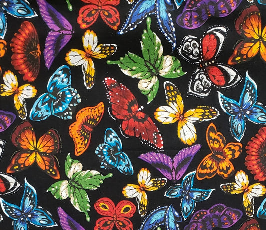 Black Fabric with Brightly Colored Butterfly Print