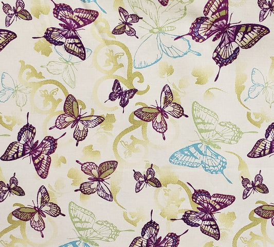 Designed and Prod Exclusively for JoAnn Fabric and Craft Stores-Ecru Fabric/Dark Plum, Blue & Green Butterfly Print/Pale Olive Green Leaf