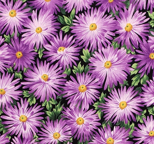 Timeless Treasures Fabrics, Inc PATT# FLEUR - C 6507 - Black Fabric with Bright Lavender Flower Print