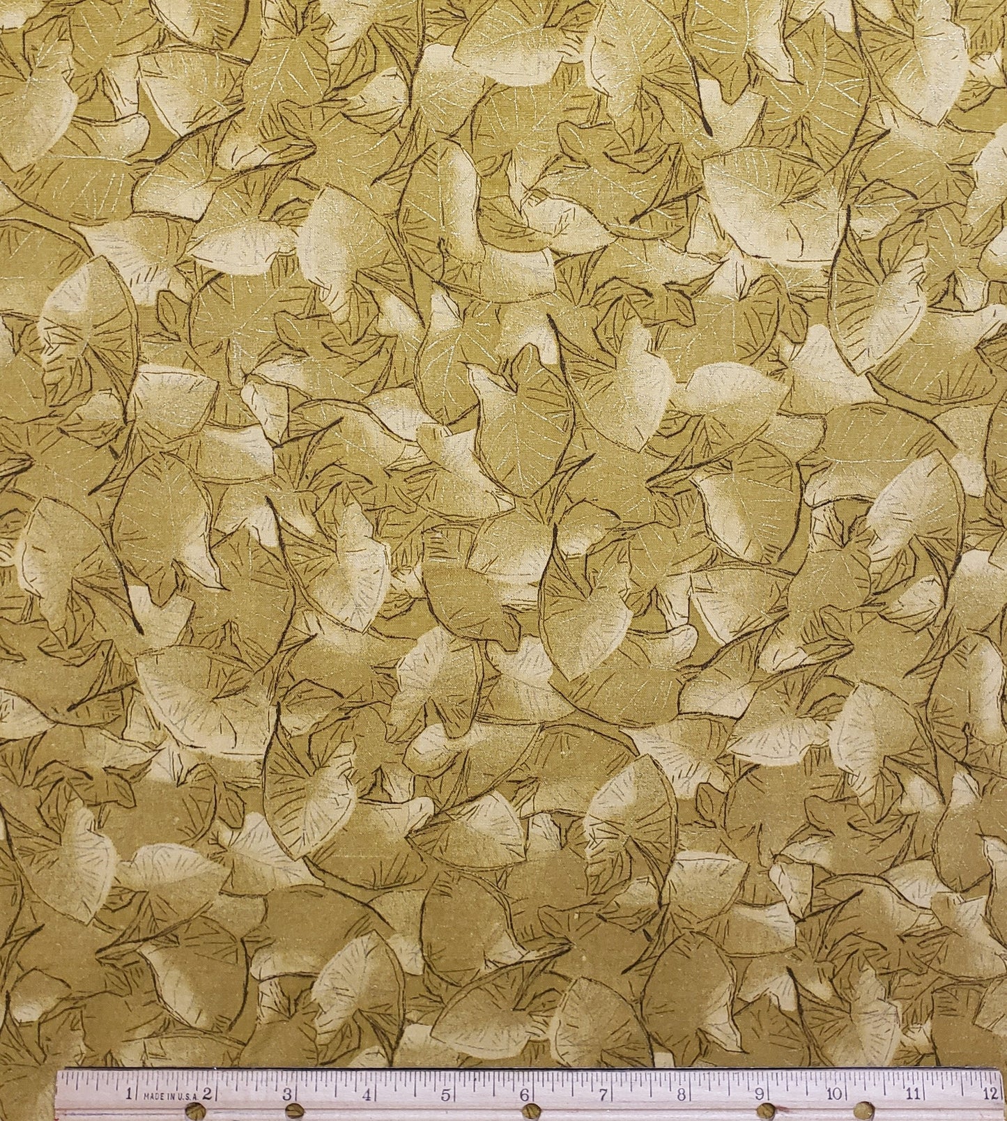 Classic Cottons 2003 - Antique Gold Tonal Fabric / Brown Leaf Design and Metallic Gold Leaf Veins