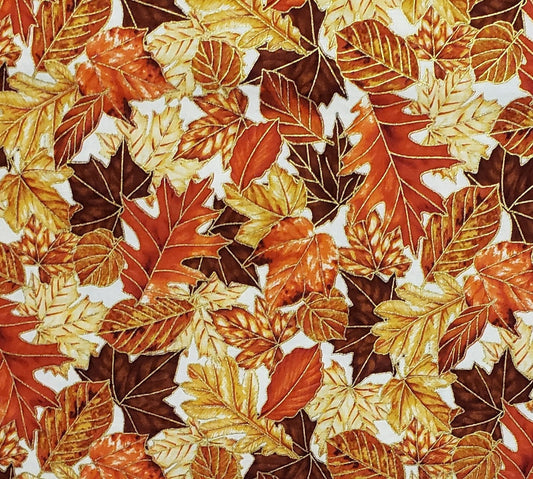 East Grove S#M7481 by Hoffman California International Fabric-Cream Fabric with Rust / Brown / Burnt Orange Leaf Print/Gold Metallic Accents