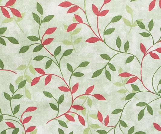 Fabric Traditions 2001 NTT, Inc. - Pale Green Tonal Fabric / Green and Dark Pink Leaf/Vine Print