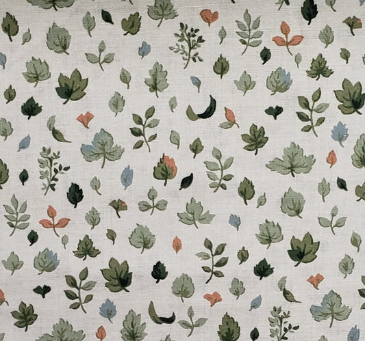 Pale Gray/Green Fabric with Green and Light Coral Leaf Print