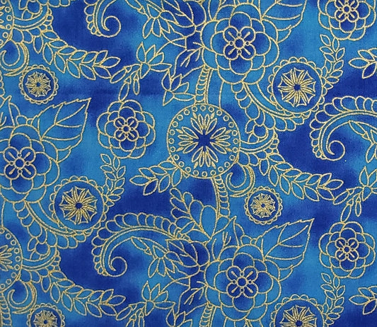 CP 31121 Polynesia Texture Legacy Studio Vine Monotone - Bright Medium Blue Tonal Fabric with Metallic Gold Flower Print