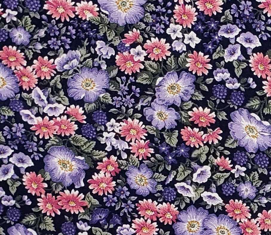 A VIP Screen Print Cranston Print Works Company - Dark Blue Fabric / Pink and Purple Flower and Berry Print