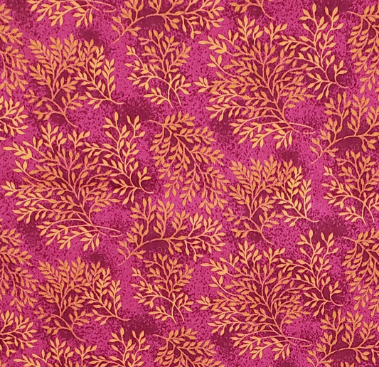 BATIK - Raspberry / Gold Fabric with "Branch" Print