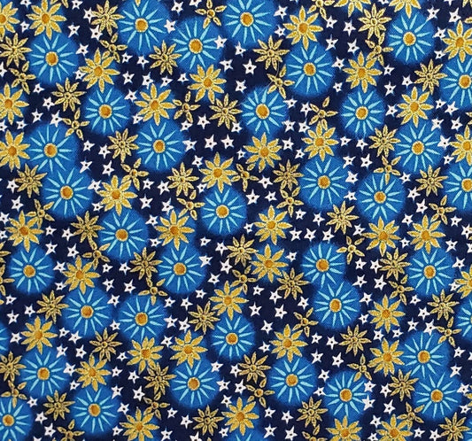 Robert Kaufman Stargazer Screen Print D# 6939 - Dark Blue Fabric / White, Gold and Bright Blue Stars / Gold Metallic Accents