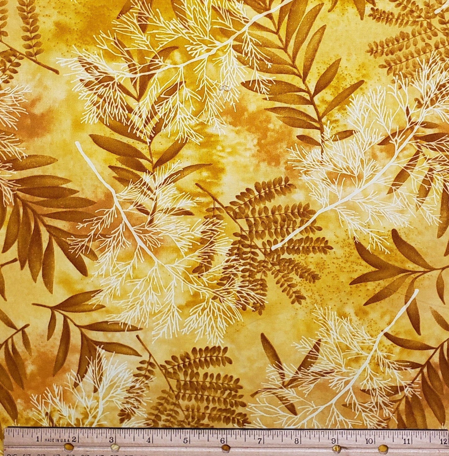 Timeless Treasures Fabrics, Inc. Patt # FERN-C6323 - Dark Yellow and Gold Tonal Fabric / Darker Gold Fern Print and White Branches