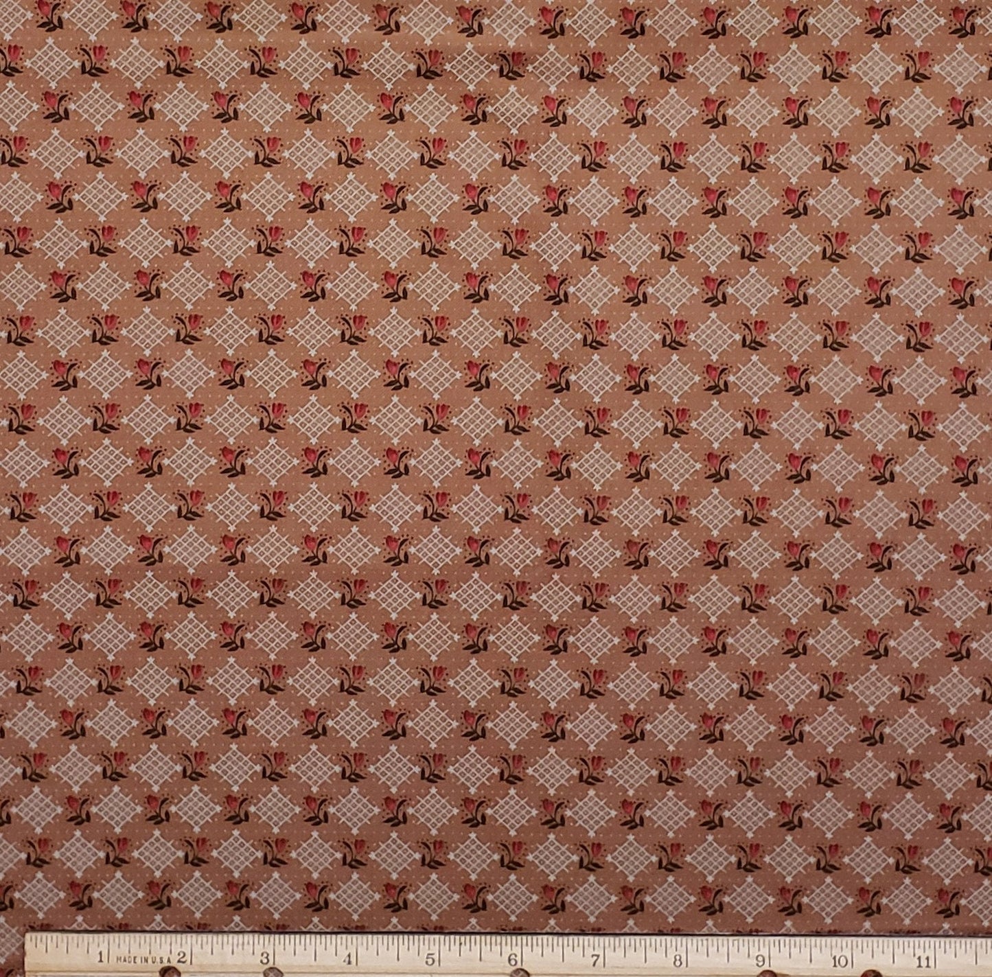 Fabric Traditions 2001 NTT, Inc. - Light Brown Fabric / Gray Diamond Design with Rosebud in the Center