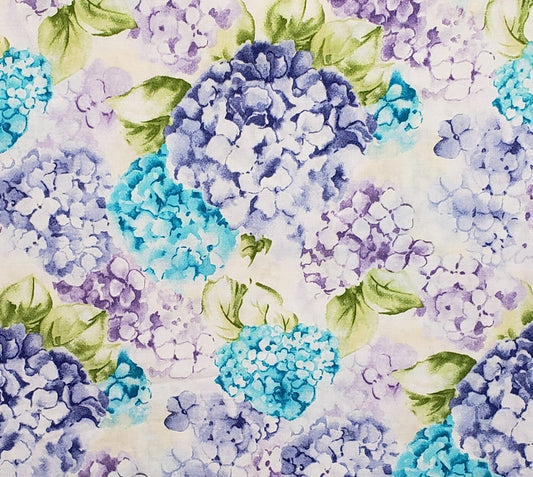 Designed and Produced Exclusively for JoAnn Fabric and Craft Stores - Turquoise, Purple and Lavender Hydrangea Print on Cream Tonal Fabric