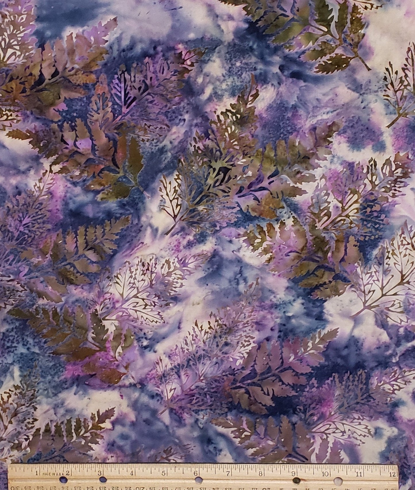 BATIK - Blue / Cream / Purple Fabric with Brown Leaf Print