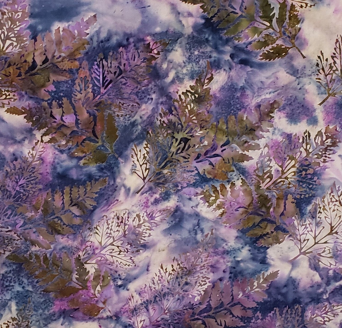 BATIK - Blue / Cream / Purple Fabric with Brown Leaf Print