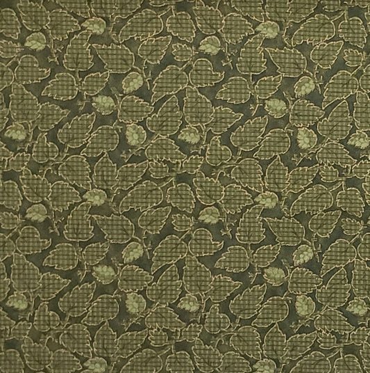 EOB - VIP by Cranston 2004 Cranston Print Works - Dark Olive Green Tone-on-Tone Leaf Print Fabric with Gold Metallic Outline