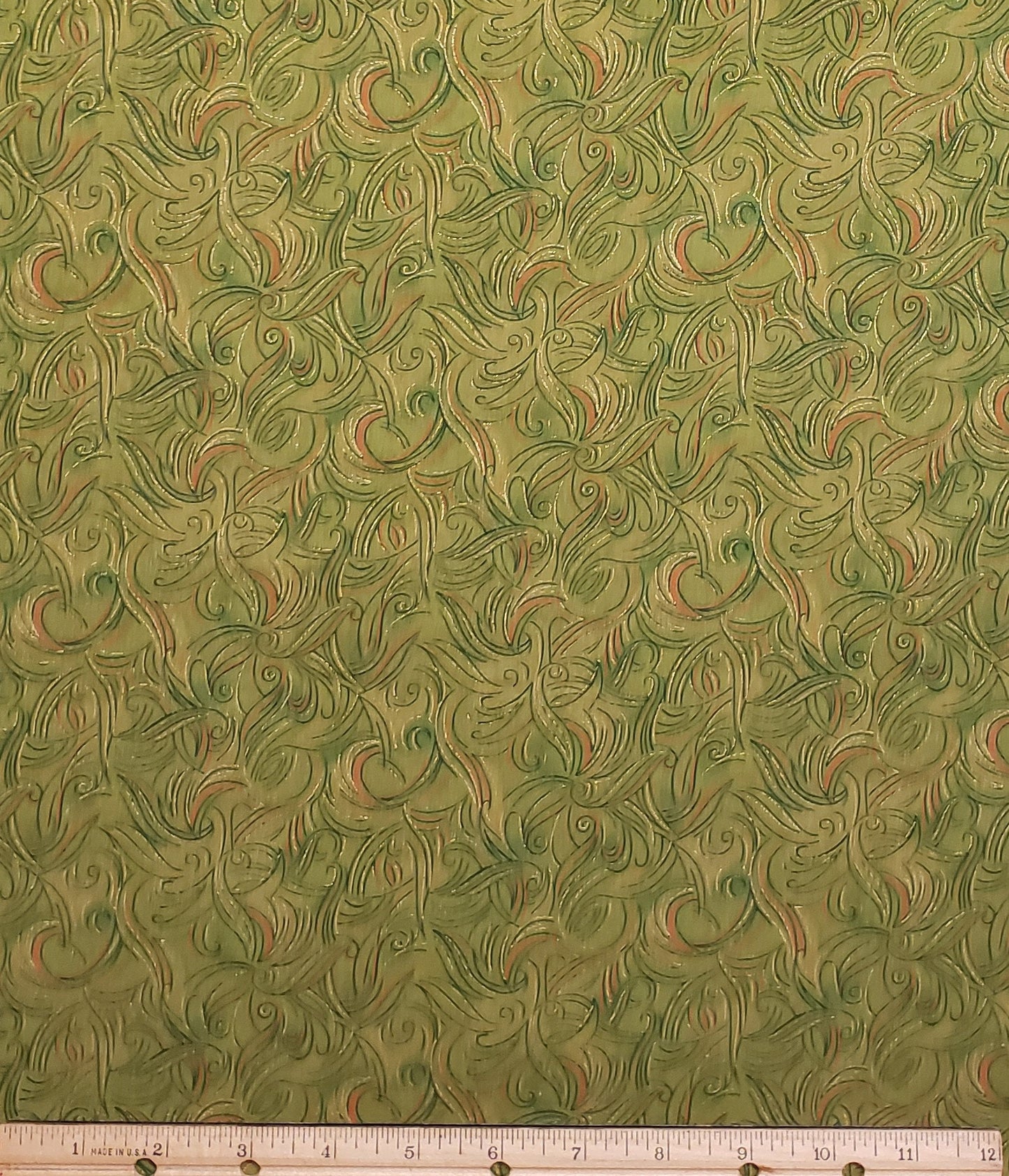 Classic Cottons 2004 - Green Tonal Fabric / Orange, Dark Green and Gold Metallic Pattern