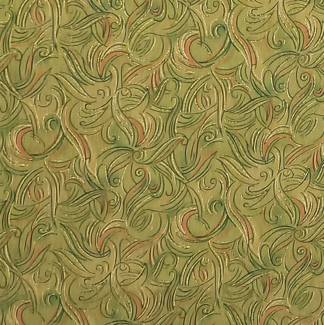 Classic Cottons 2004 - Green Tonal Fabric / Orange, Dark Green and Gold Metallic Pattern