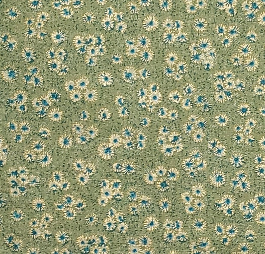 Dark Olive Green Fabric with Turquoise and Gold Metallic Flower Print