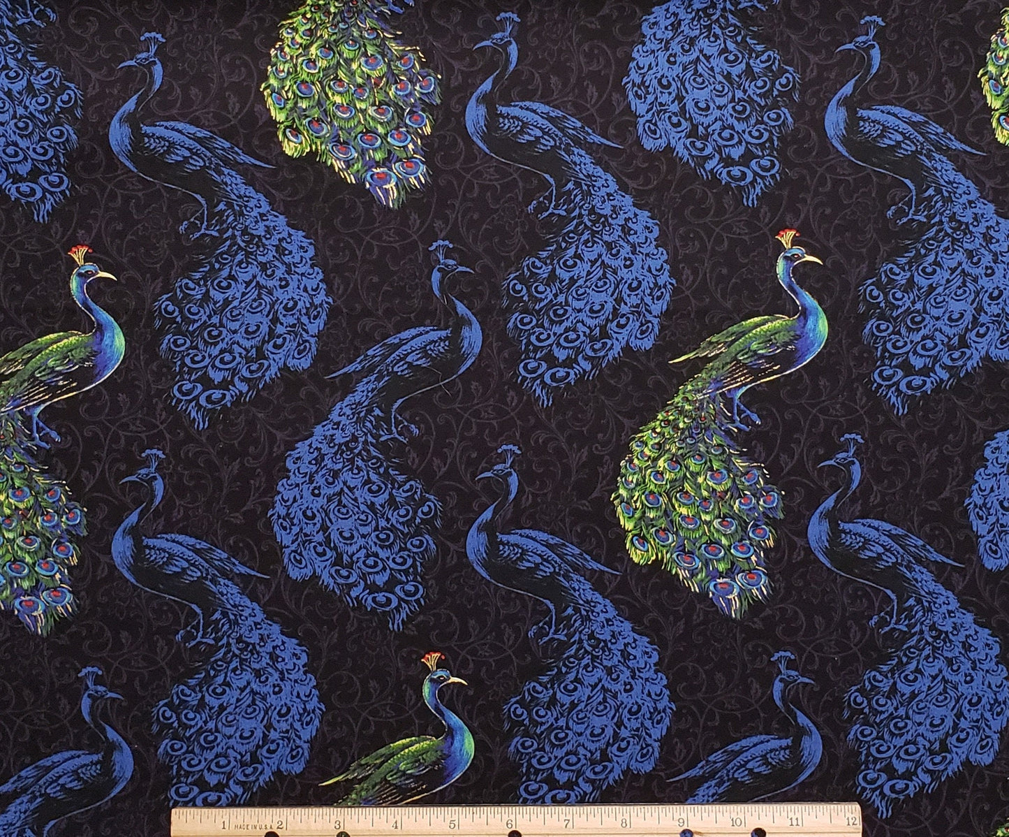 EOB - Royal Peacock Designed for Exclusively Quilters - Black Fabric / Plum Vine and Blue Peacock Silhouette / Bright Blue and Green Peacock Print