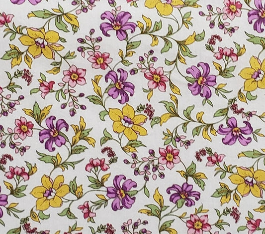 Soft White Fabric / Pink, Purple and Yellow Floral Print - Selvage to Selvage Print