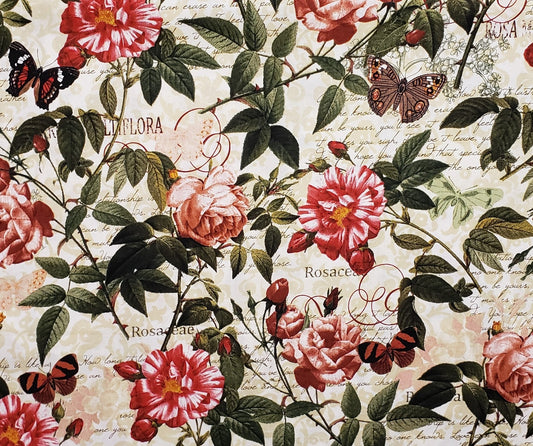 Ching Han/Licensed by Rosenthal Represents - David Textiles, Inc. - Rose Print on White and Cream Print Fabric