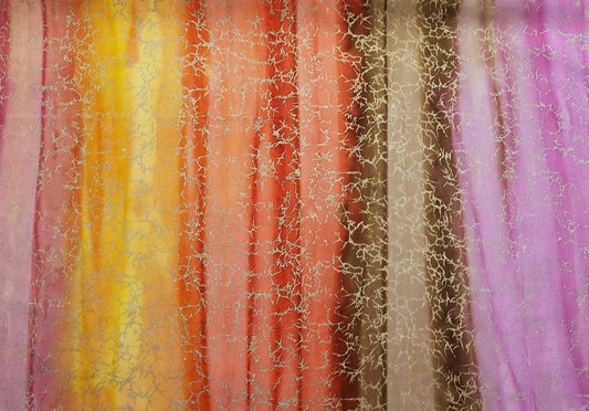 BATIK - Striated Stripe Fabric - Bright Pink / Tan / Coral / Yellow with Gold Metallic Accents