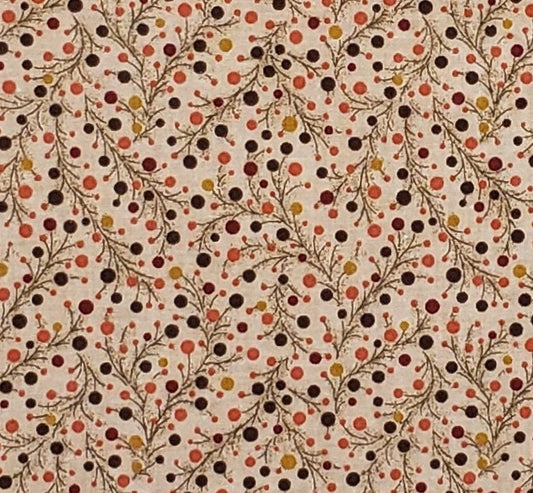 Light Tan Fabric / Orange, Red, Brown and Gold Dots and Dark Tan Branches - Selvage to Selvage Print