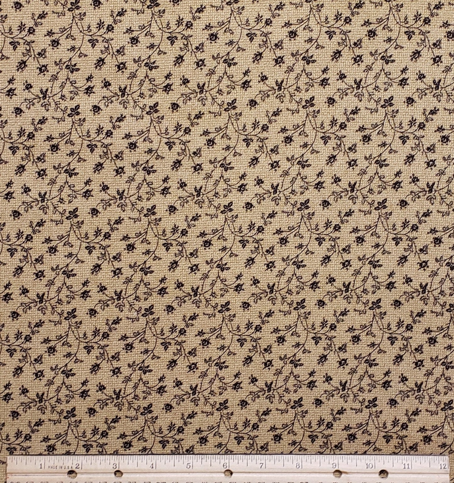 Baum Textile, Inc. - Reproduction Style Light Brown Fabric with Crosshatch Pattern Background / Dark Brown Leaf and Vine Pattern