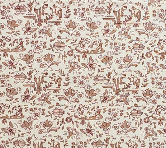 Vintage Shirtings Circa 1960 Style #HK21936 - Vintage Cream Fabric / Burgundy and Tan Print