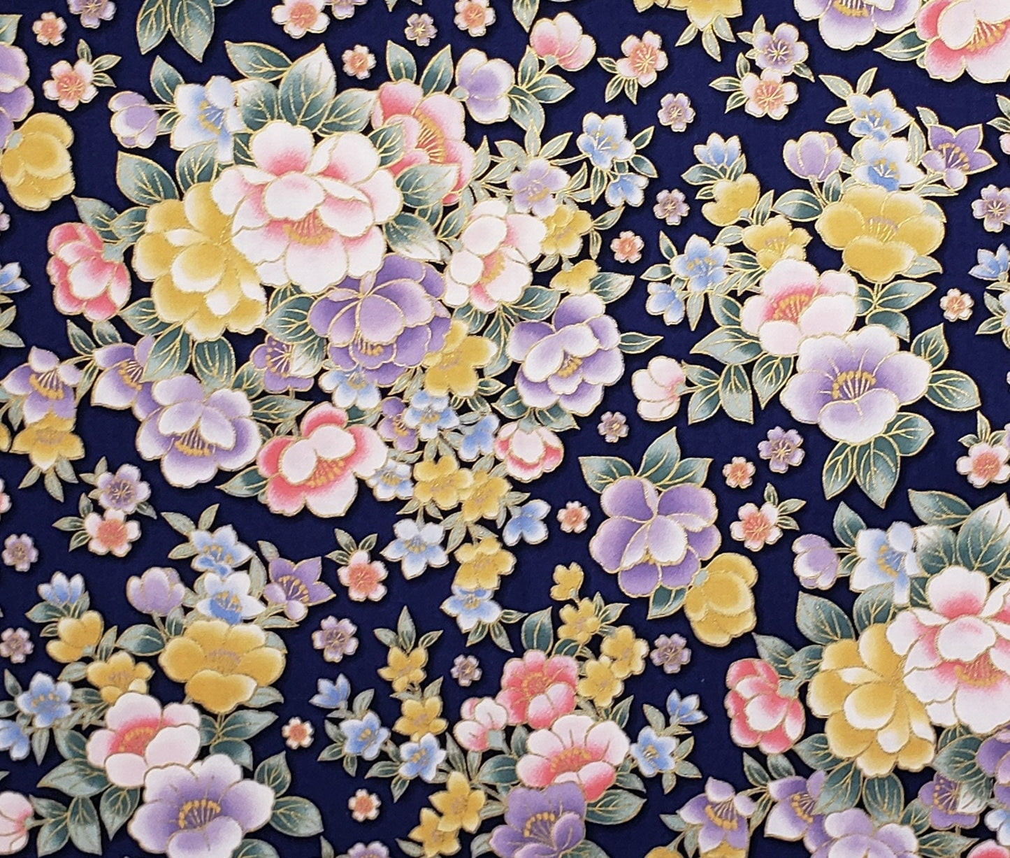 Screen Print D#6983 - Pastel Pink, Lavender, Blue, Yellow Flower Print with Gold Metallic Accents on Dark Blue Fabric