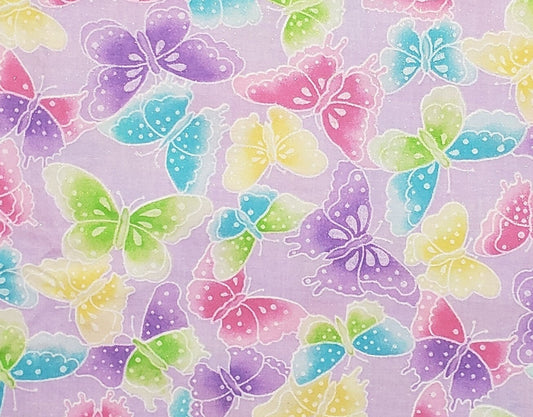 Pale Purple Fabric / Pastel Butterfly Pattern with Silver Metallic Outlines and Glitter