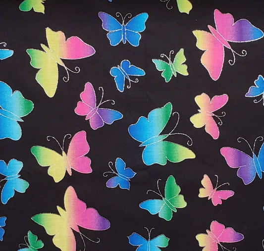 Fabric Traditions 2010 - Bright Pastel Butterflies with Silver Metallic Outline on Black Fabric