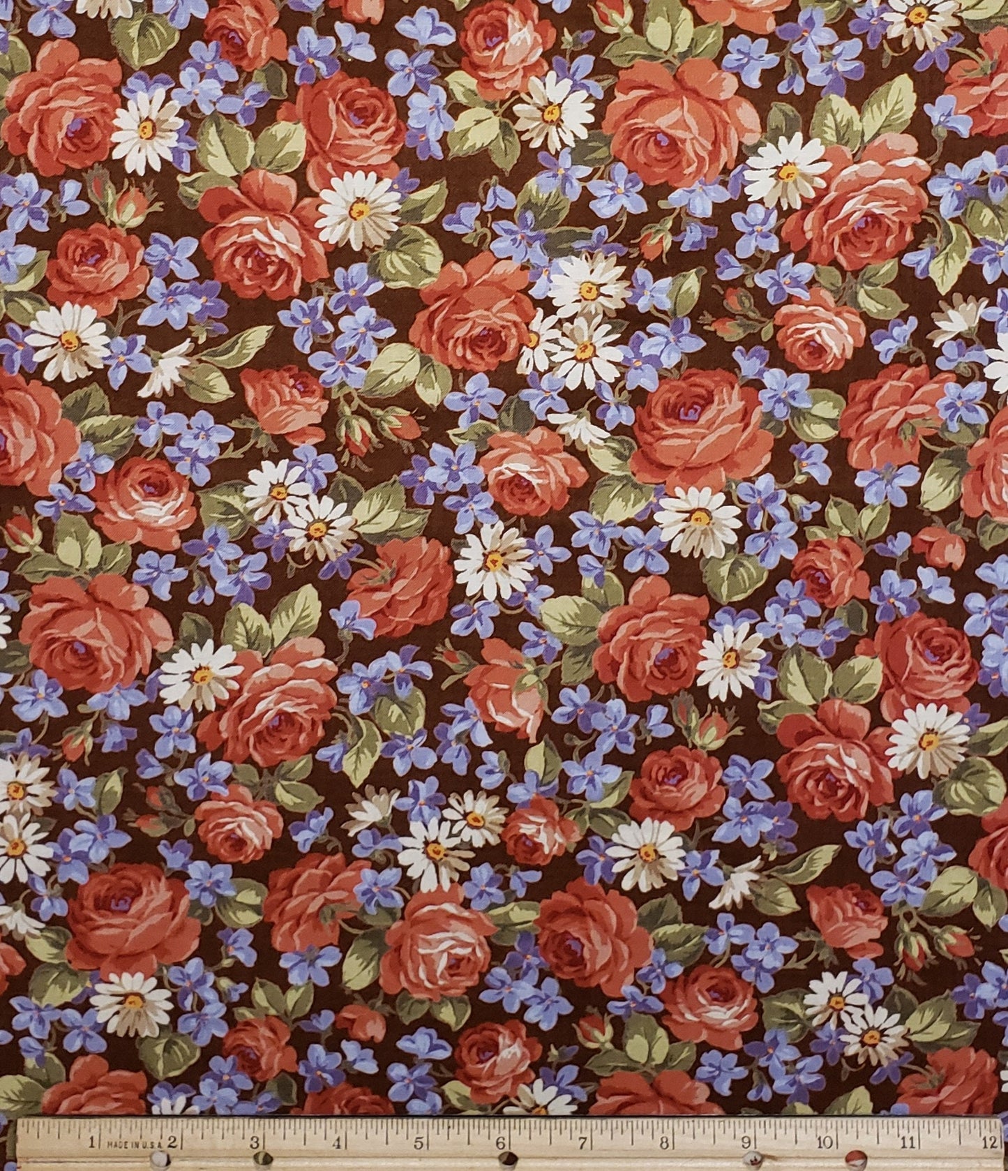 Concord Fabrics "Roses Are For June" - Dark Coral Rose Print on Dark Brown Fabric / Light Blue, White and Green Flowers and Leaves