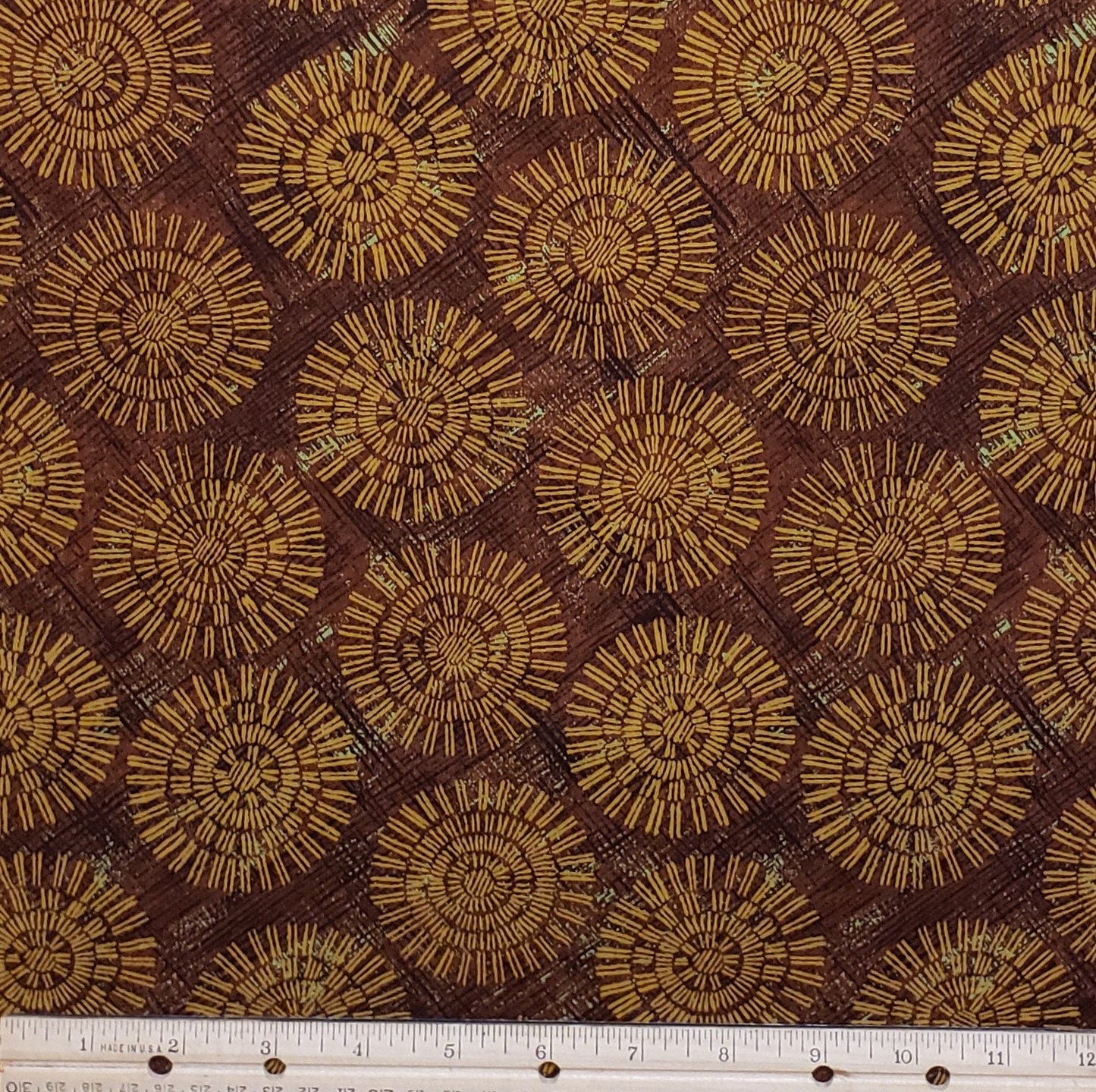 Made Exclus for JoAnn Stores-Medium Brown Fabric/Dark Brown "Crosshatch" Background/Dark Brown & Light Green Background/Gold Medallion Print