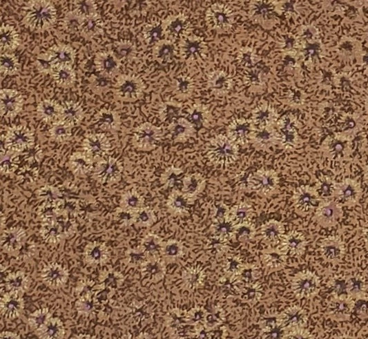 Classic Cottons 2002 - Dark Golden Tan Fabric with Reproduction Style Flower Print / Gold Metallic Accents