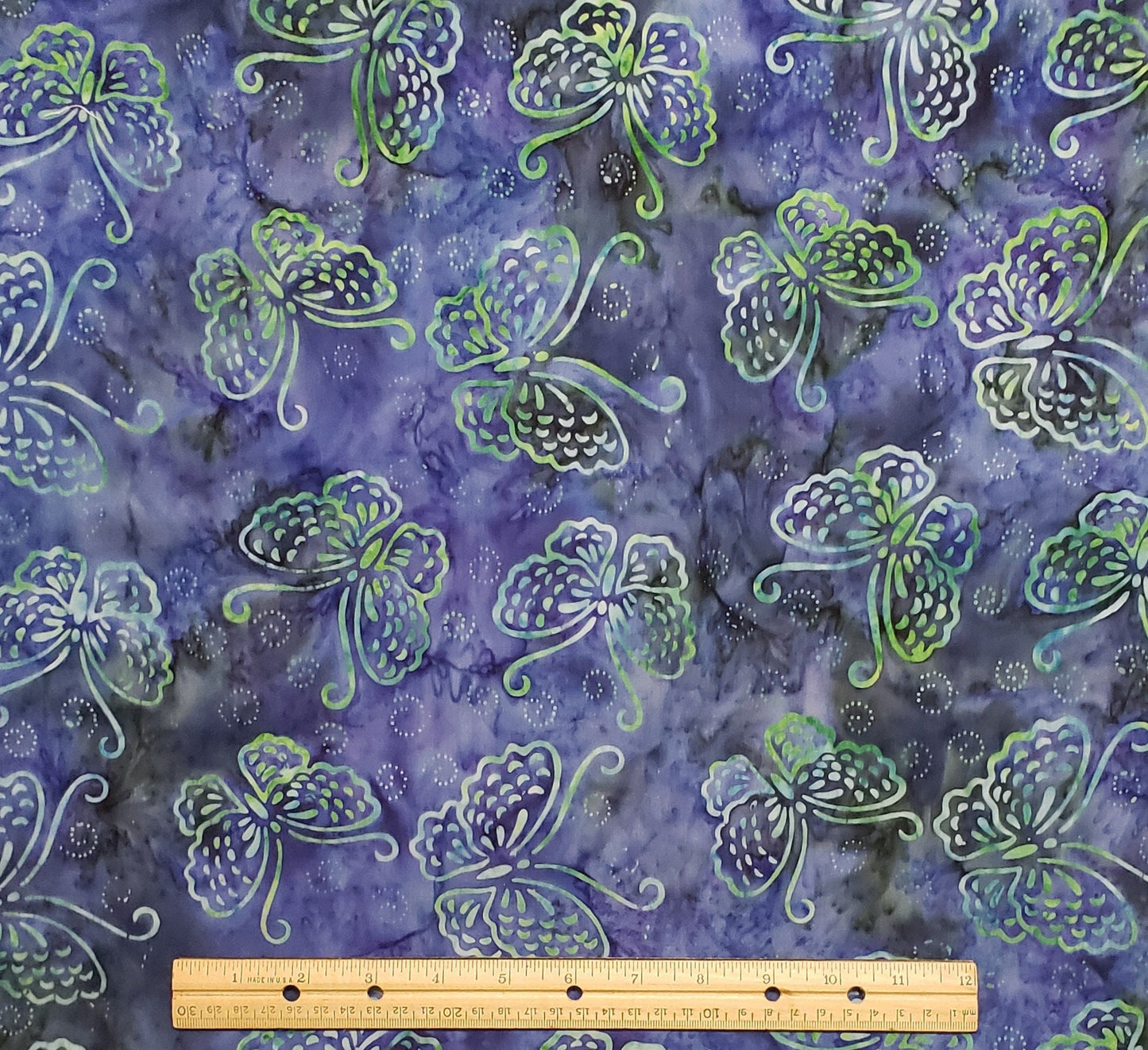 BATIK - Blue & Green Fabric / Green Butterfly and Swirl Pattern