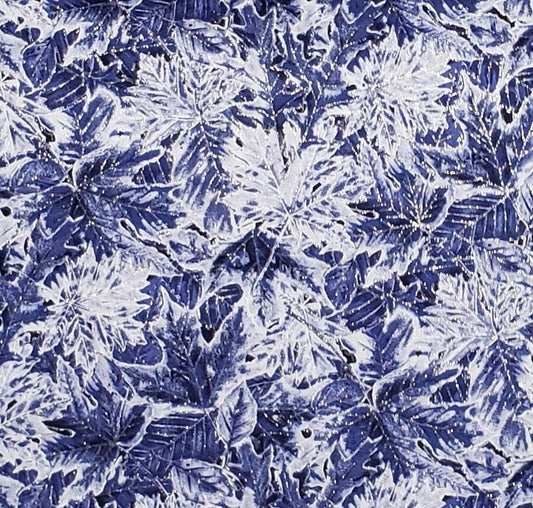 ICE by Patricia Campbell for Timeless Treasures 2005 PATT#PCAM-CM8369-Dark Blue Fabric/White and Pale Blue Leaf Print/Silver Metallic Accent