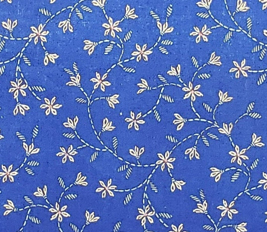 Blue Fabric / Cream Flower and Tone-on-Tone Leaf and Stem Print