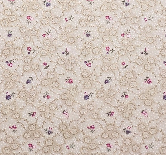 Tan and Cream Fabric / Vintage Style Pink and Blue Flower Print