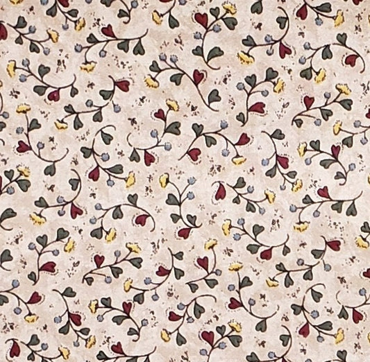 Tan Tonal Fabric / Dark Green, Red, Yellow Vine and Flower/Heart Print