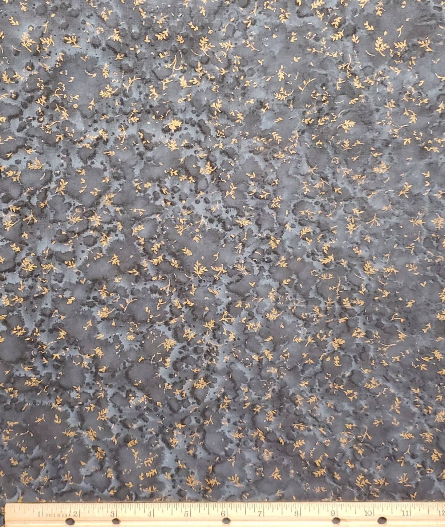 Gray "Stone" Fabric / Gold Metallic Leaves - Selvage to Selvage Print