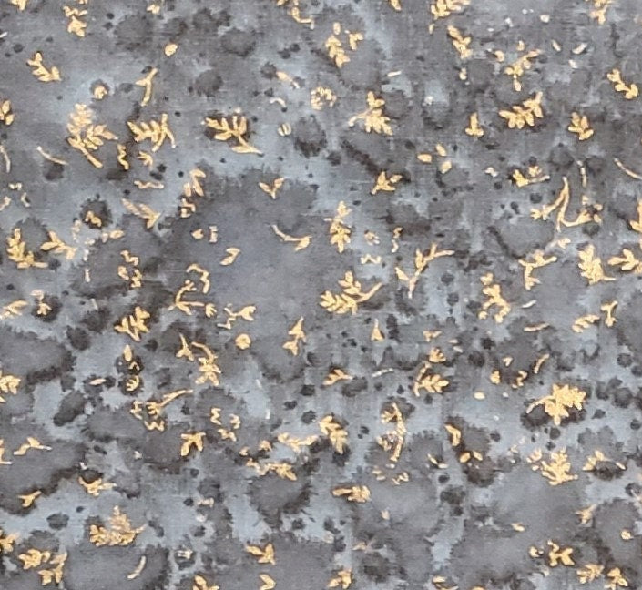 Gray "Stone" Fabric / Gold Metallic Leaves - Selvage to Selvage Print