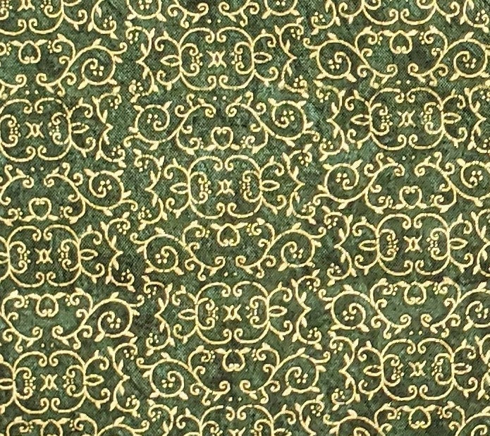 Season's Greetings from Fabri-Quilt, Inc. PATT#806 - Dark Green Tonal Fabric / Gold Metallic Scroll Print
