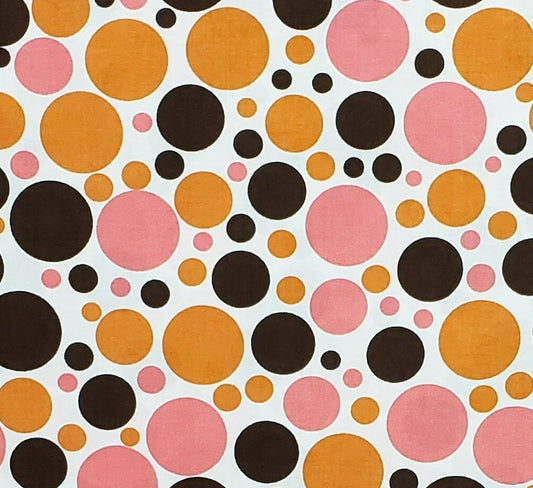 Designed and Produced Exclusively for JoAnn Fabric and Craft Stores - White Fabric / Retro Dark Brown, Pink and Orange Multi-Size Dots