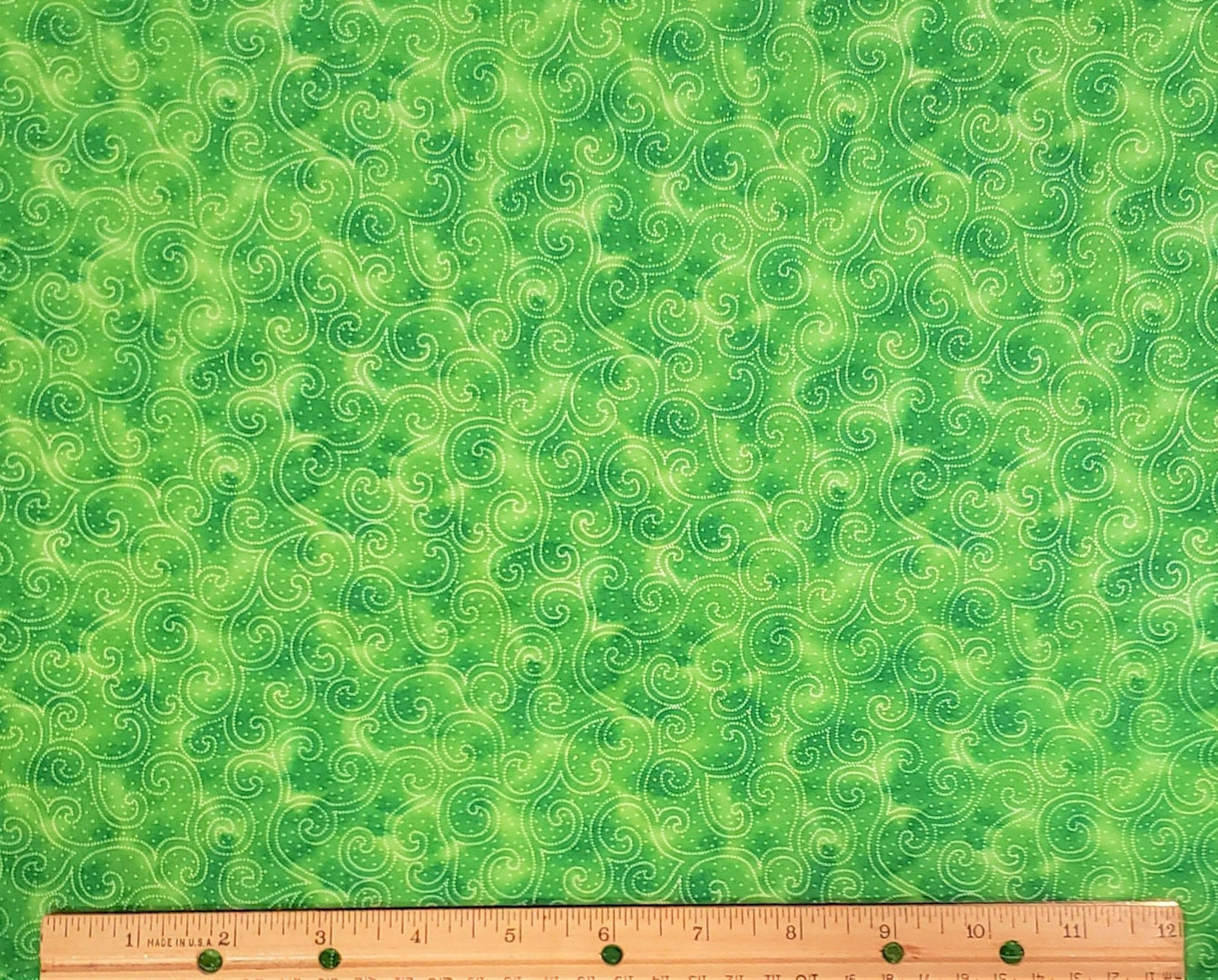 Exclusively for Jo-Ann Stores Screen Print D# 4742 Quilter's Spectrum - Dark and Bright Tonal Green Fabric / White Dot Scroll Pattern