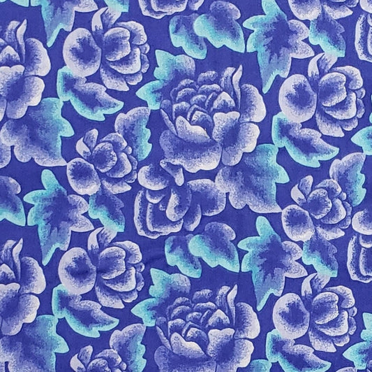 Dark Blue Fabric / Tonal Flower Print / Bright Aqua Leaf - Selvage to Selvage Print