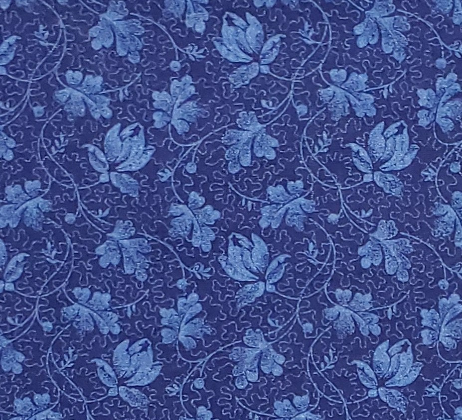 Dark Blue Fabric / Medium Blue Flower/Vine Print