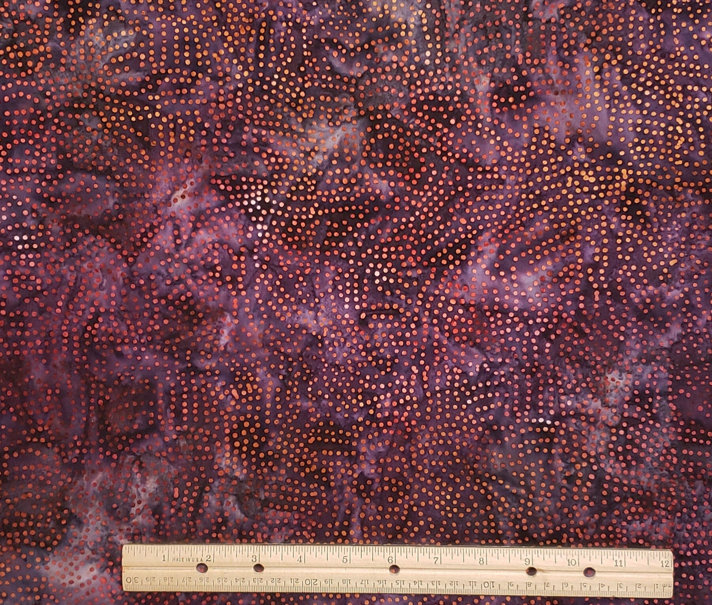 BATIK - Purple / Gray Fabric with Rust and Maroon Dots