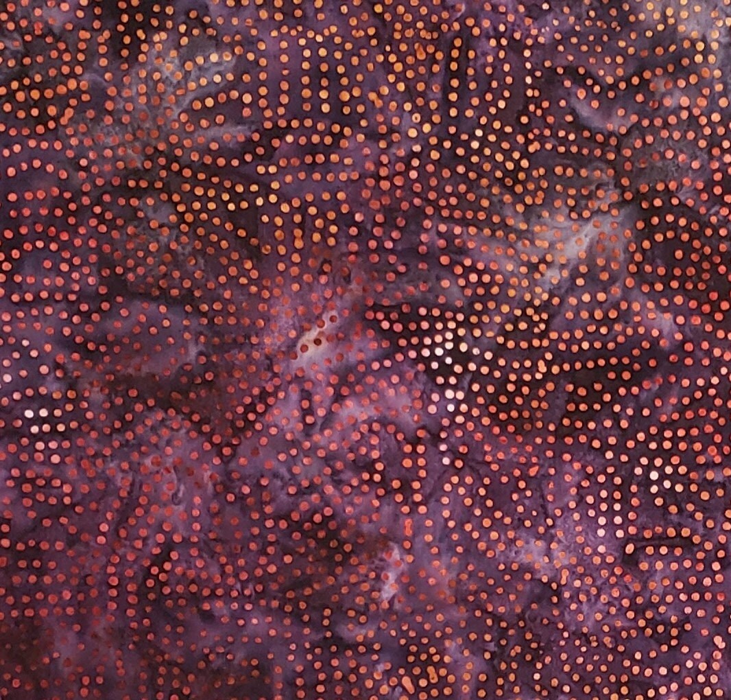 BATIK - Purple / Gray Fabric with Rust and Maroon Dots