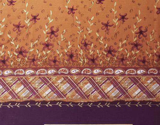 Single Border Print Fabric / Dark Plum Border with Gold Metallic Leaf and Vine Print